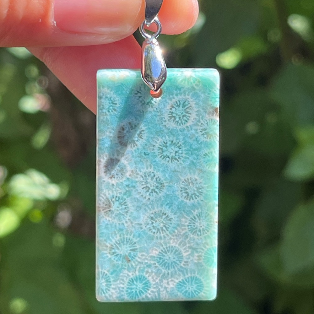 Sterling Silver Rectangular Blue Coral Jade Penda… - image 5